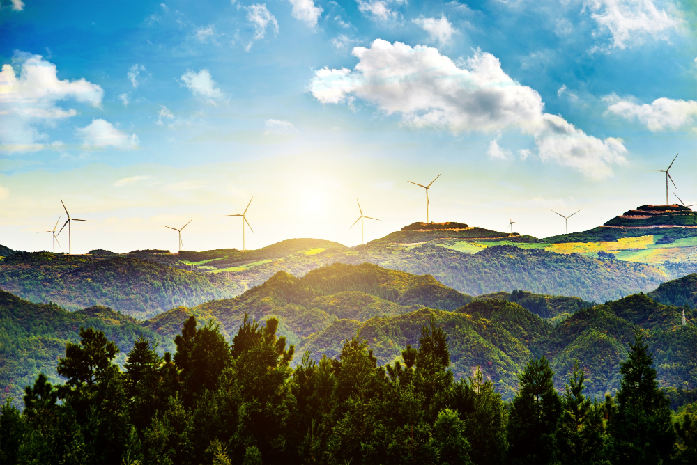 Windmills on a series of distant hills